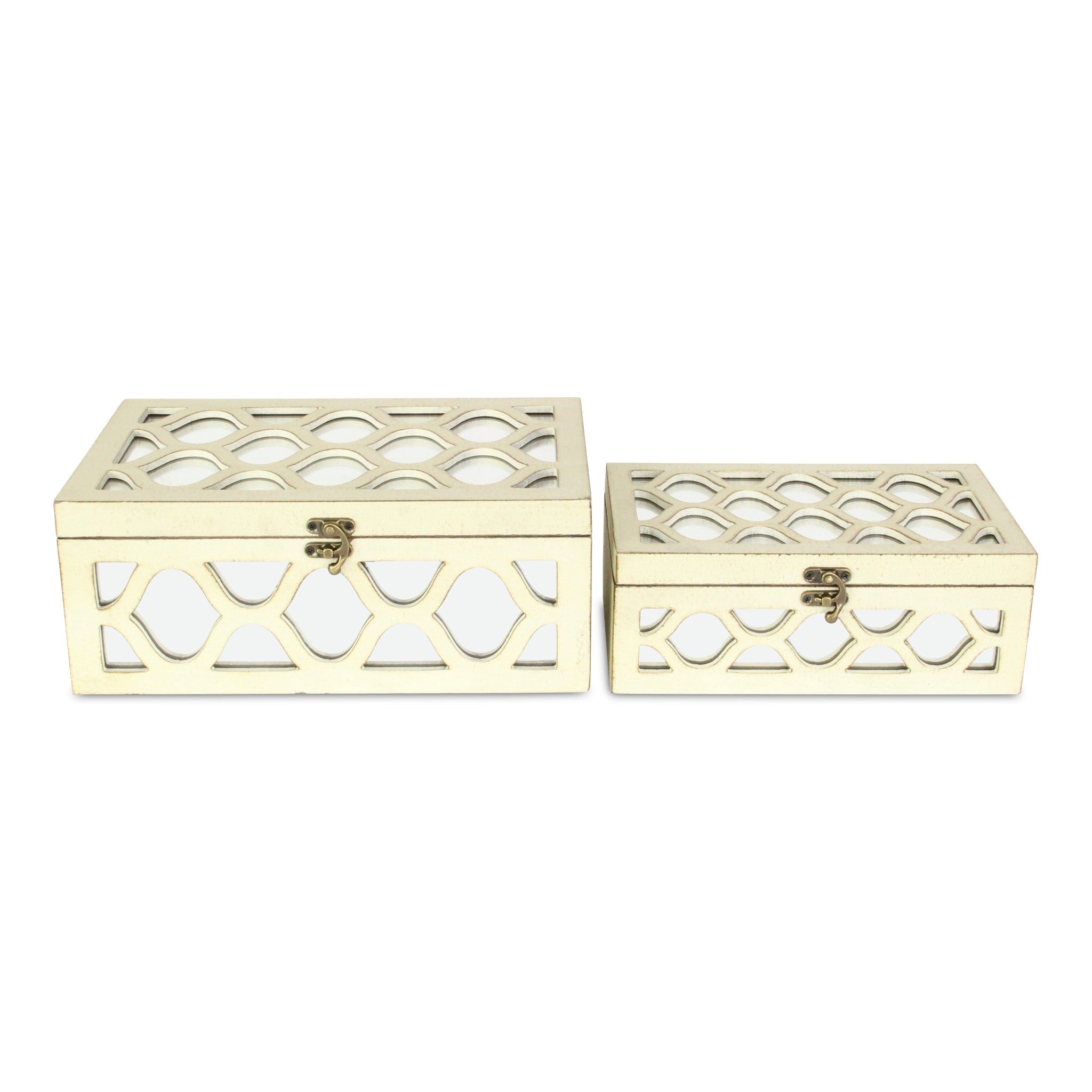 Set of Two White Mirrored Glass And Solid Wood Box With Lid-Organizers-DECOROLALA