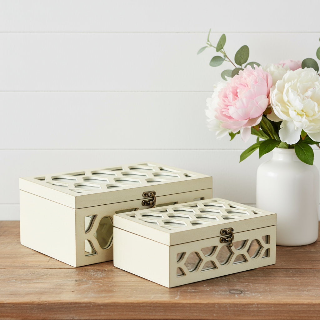 Set of Two White Mirrored Glass And Solid Wood Box With Lid-Organizers-DECOROLALA