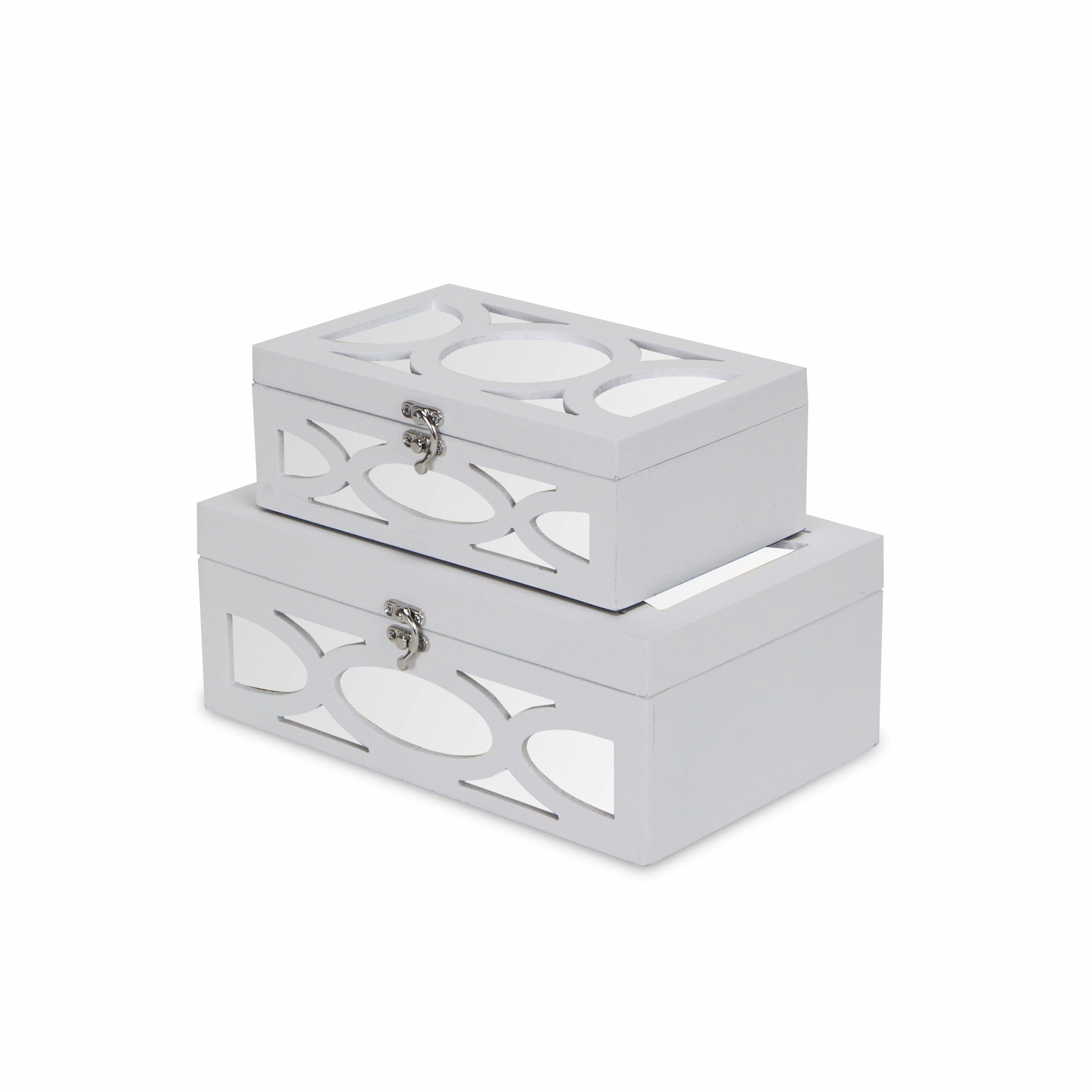 Set of Two White Mirrored Glass And Wood Box With Lid-Organizers-DECOROLALA