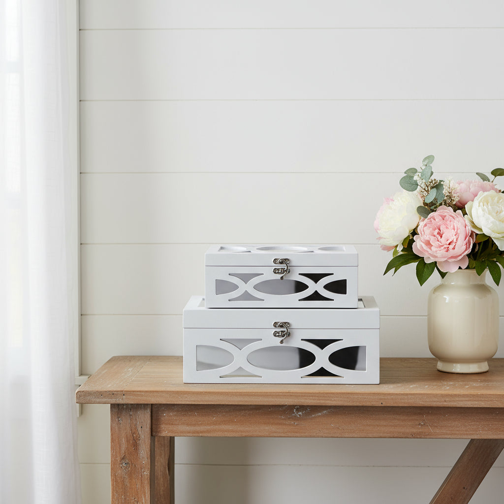 Set of Two White Mirrored Glass And Wood Box With Lid-Organizers-DECOROLALA