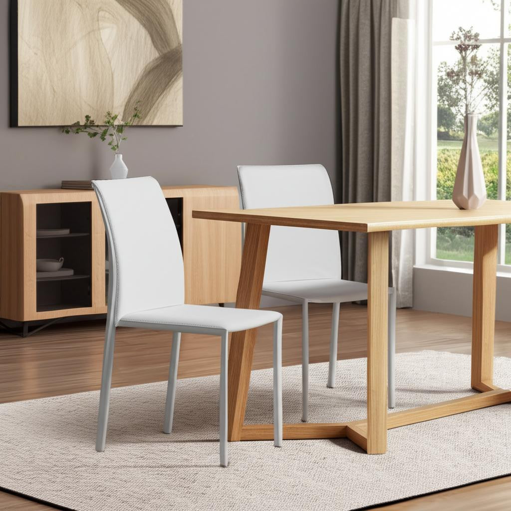 Set of Two White Upholstered Leather Dining Side Chairs-Dining Chairs-DECOROLALA