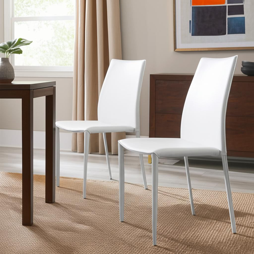 Set of Two White Upholstered Leather Dining Side Chairs-Dining Chairs-DECOROLALA
