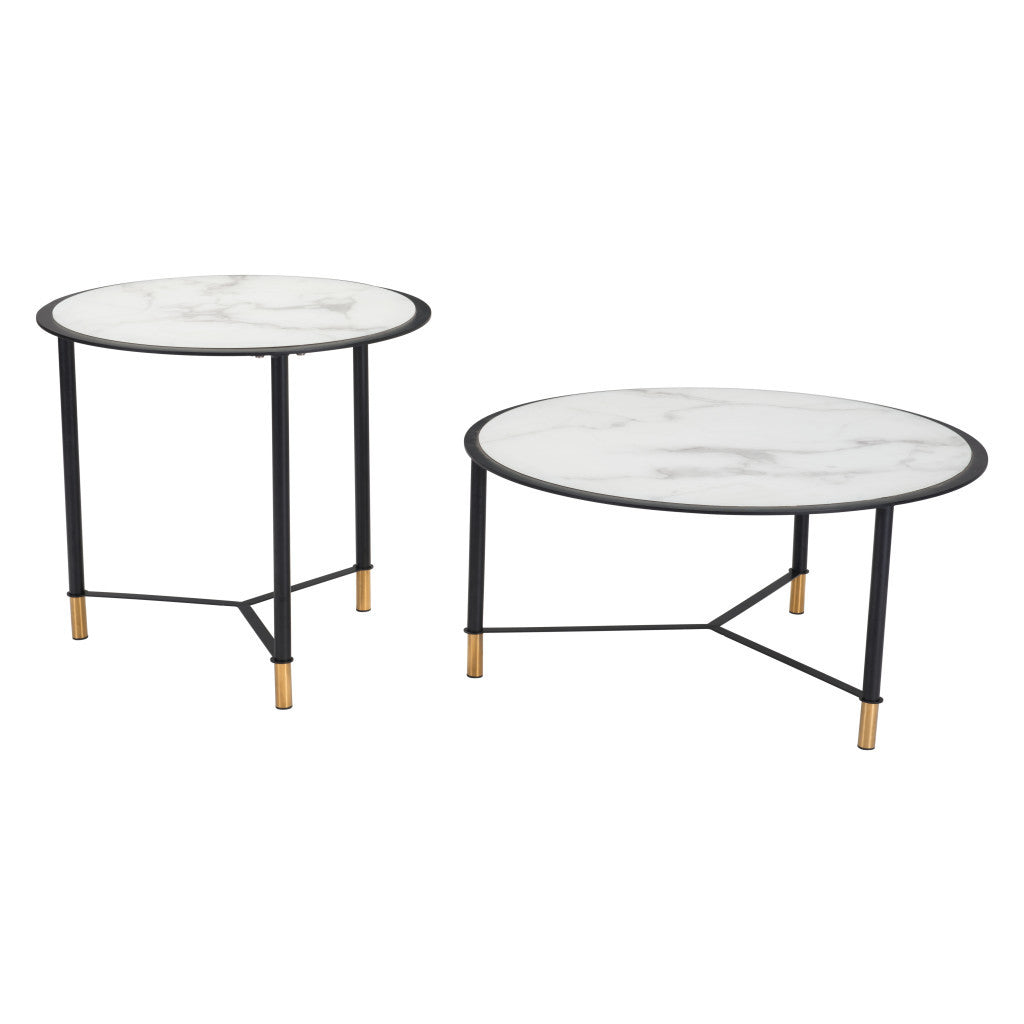 Set of Two White and Black Faux Marble And Glass And Steel Round Bunching Coffee Tables-Coffee Tables-DECOROLALA