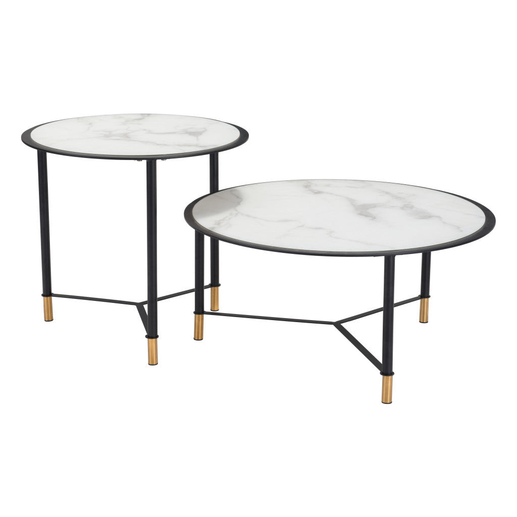 Set of Two White and Black Faux Marble And Glass And Steel Round Bunching Coffee Tables-Coffee Tables-DECOROLALA