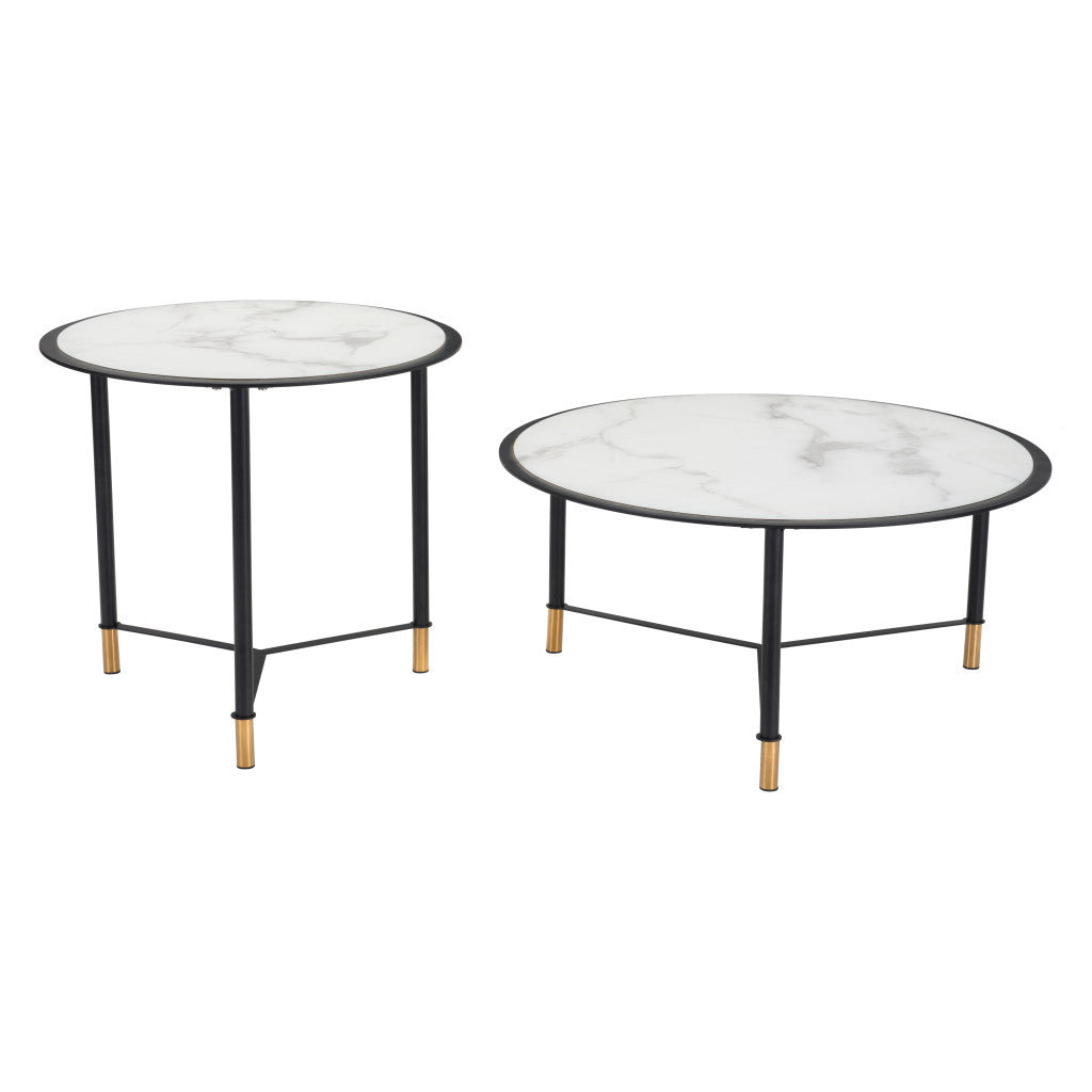 Set of Two White and Black Faux Marble And Glass And Steel Round Bunching Coffee Tables-Coffee Tables-DECOROLALA