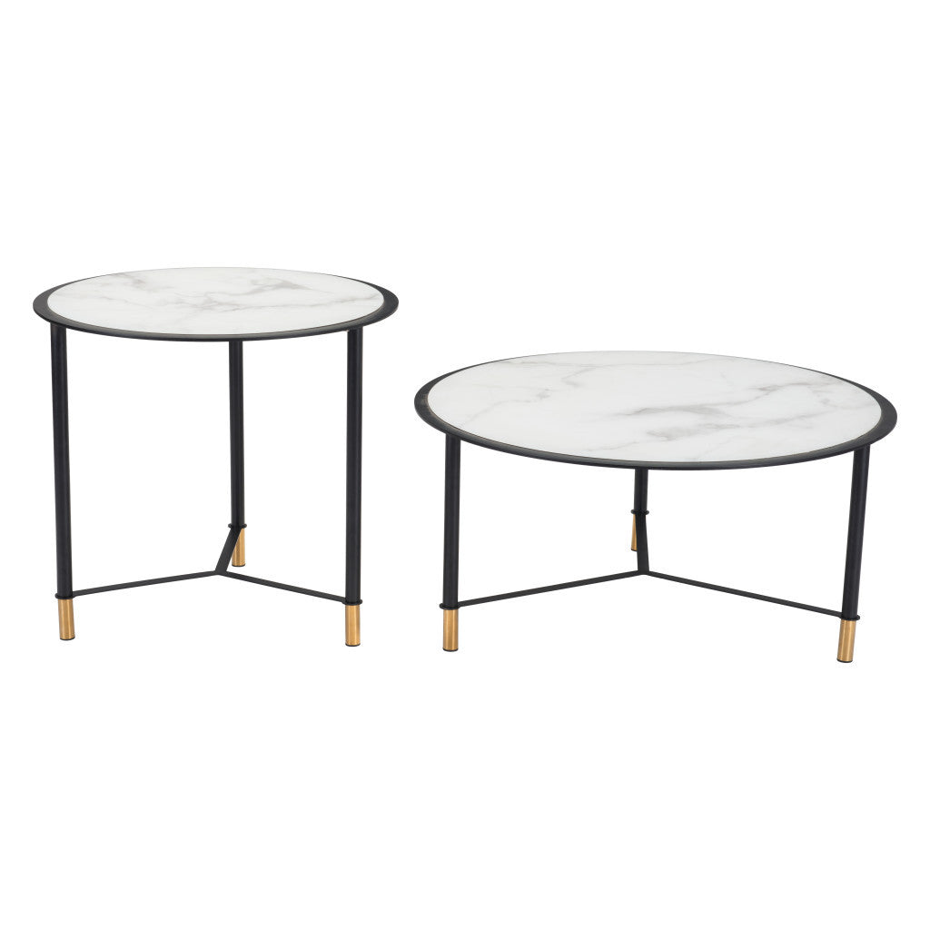 Set of Two White and Black Faux Marble And Glass And Steel Round Bunching Coffee Tables-Coffee Tables-DECOROLALA