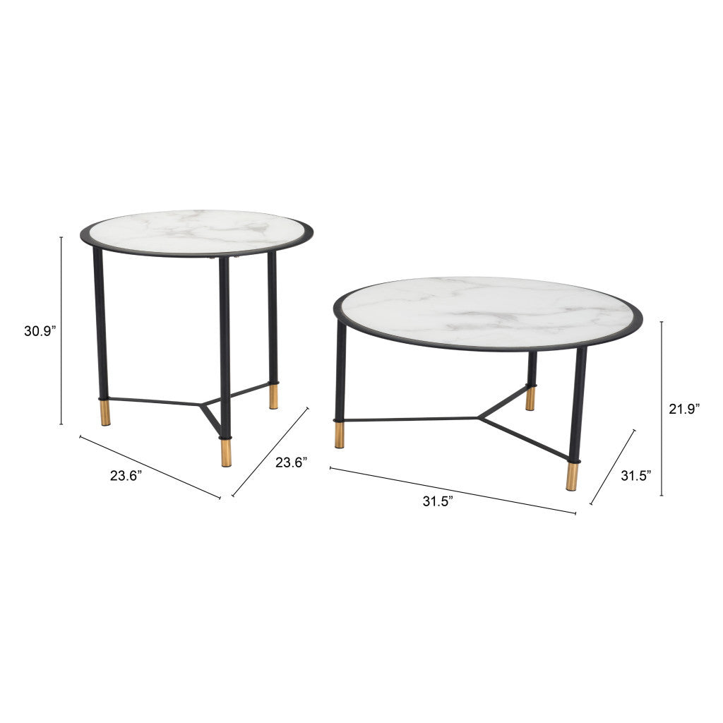 Set of Two White and Black Faux Marble And Glass And Steel Round Bunching Coffee Tables-Coffee Tables-DECOROLALA