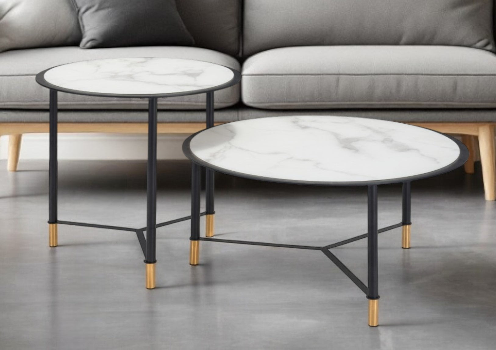Set of Two White and Black Faux Marble And Glass And Steel Round Bunching Coffee Tables-Coffee Tables-DECOROLALA