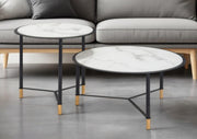 Set of Two White and Black Faux Marble And Glass And Steel Round Bunching Coffee Tables-Coffee Tables-DECOROLALA