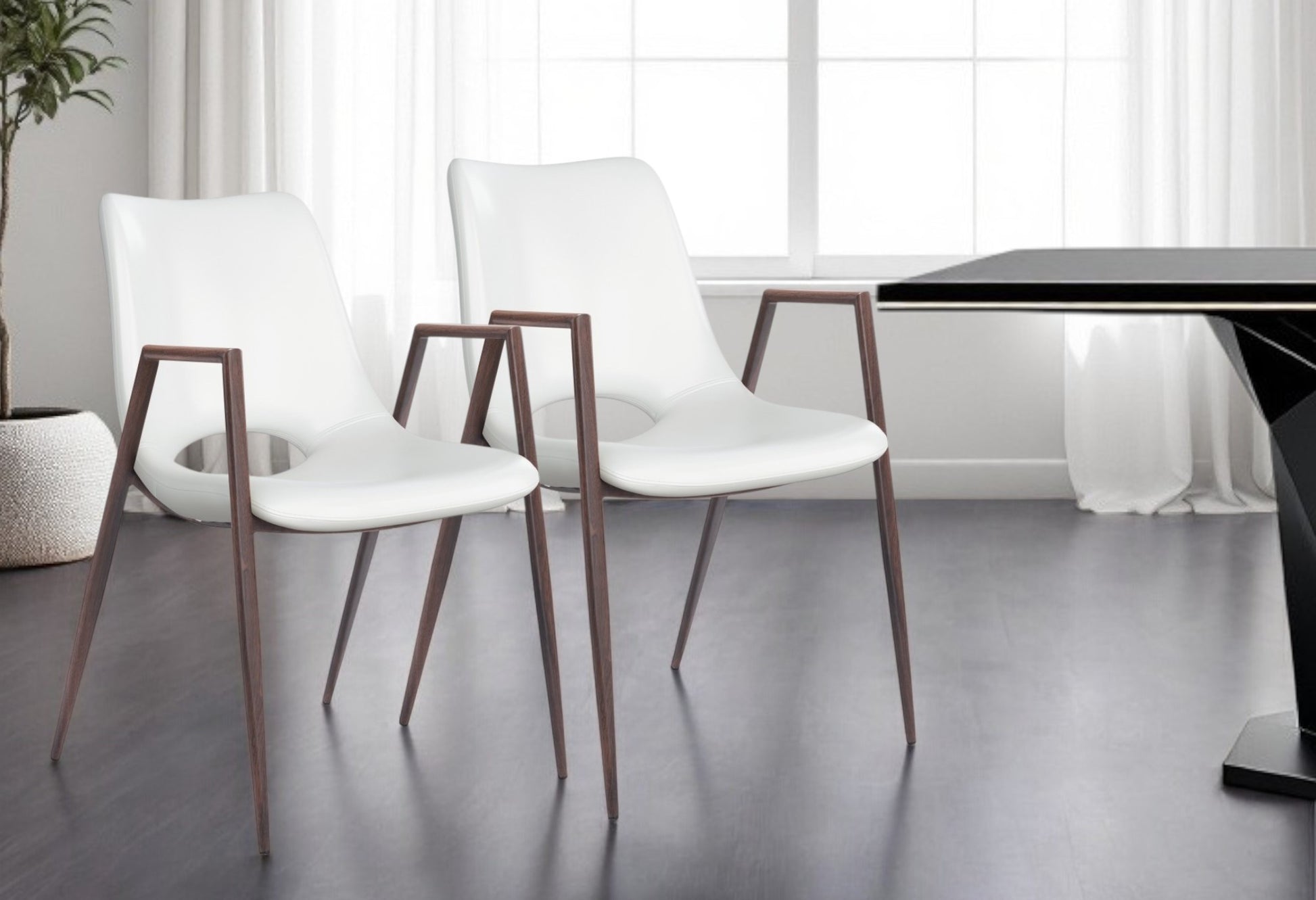 Set of Two White and Brown Upholstered Faux Leather Open Back Dining Arm Chairs-Dining Chairs-DECOROLALA