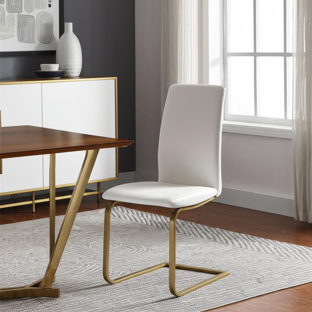 Set of Two White and Gold Upholstered Leather Dining Side Chairs-Dining Chairs-DECOROLALA