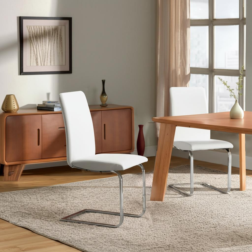 Set of Two White and Silver Upholstered Leather Dining Side Chairs-Dining Chairs-DECOROLALA