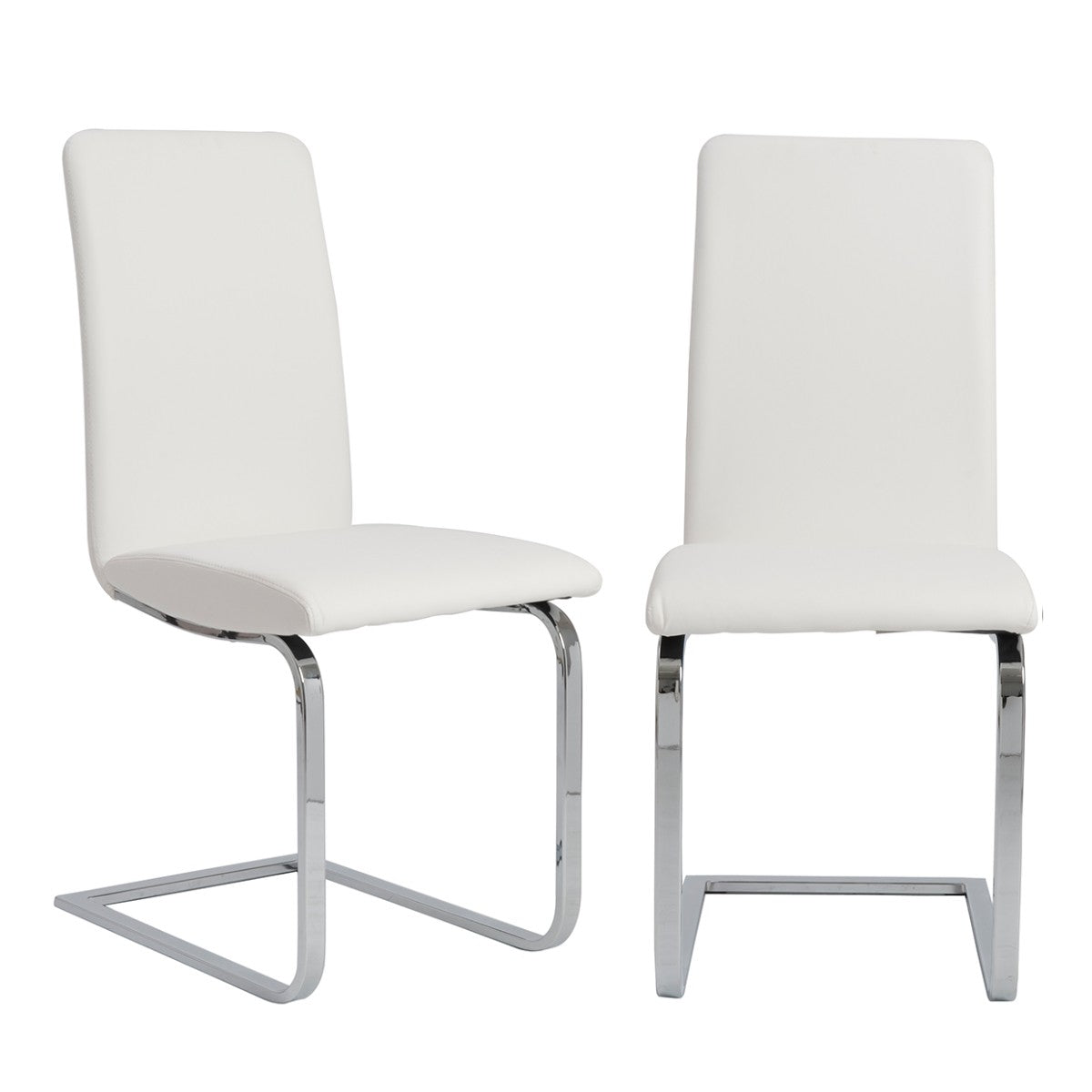 Set of Two White and Silver Upholstered Leather Dining Side Chairs-Dining Chairs-DECOROLALA