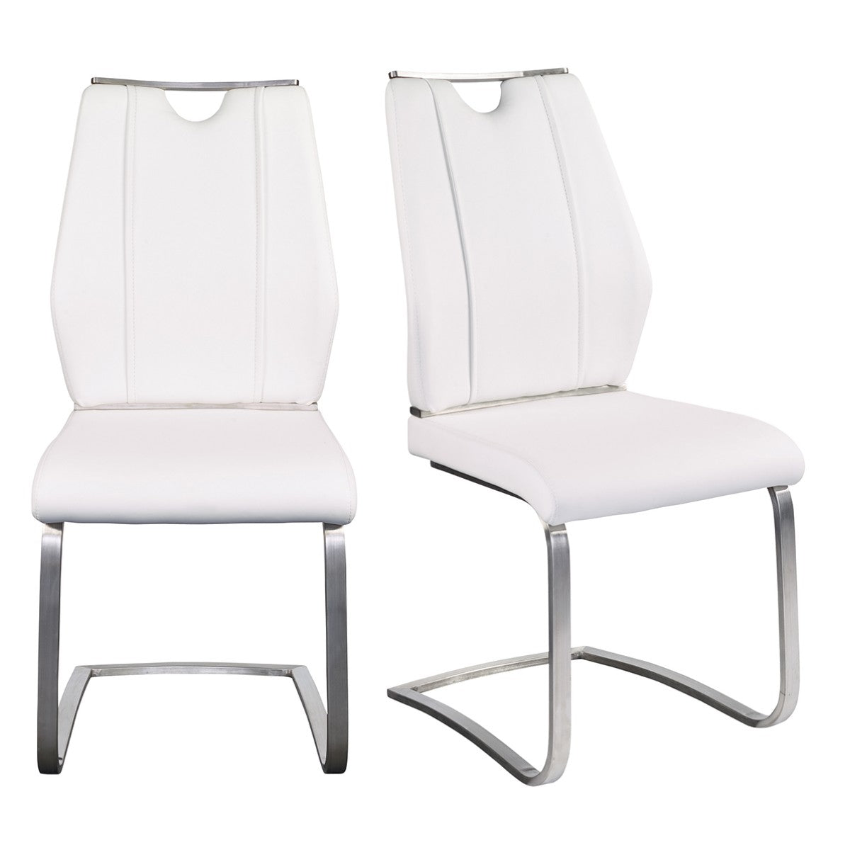 Set of Two White and Silver Upholstered Leather Dining Side Chairs-Dining Chairs-DECOROLALA