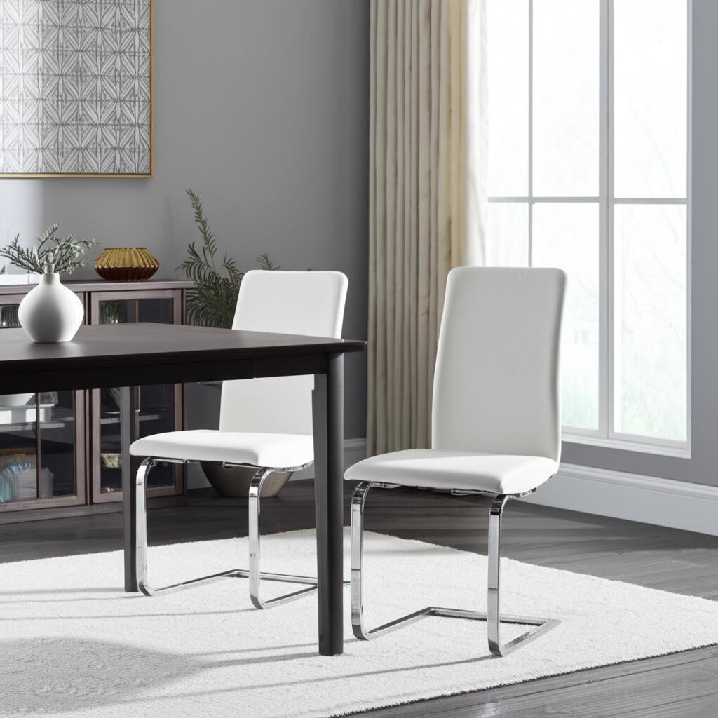 Set of Two White and Silver Upholstered Leather Dining Side Chairs-Dining Chairs-DECOROLALA
