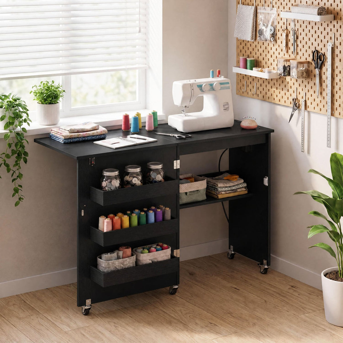 Sewing Machine Table with Charging Station and Lockable Casters-Black-Sewing Tables-DECOROLALA