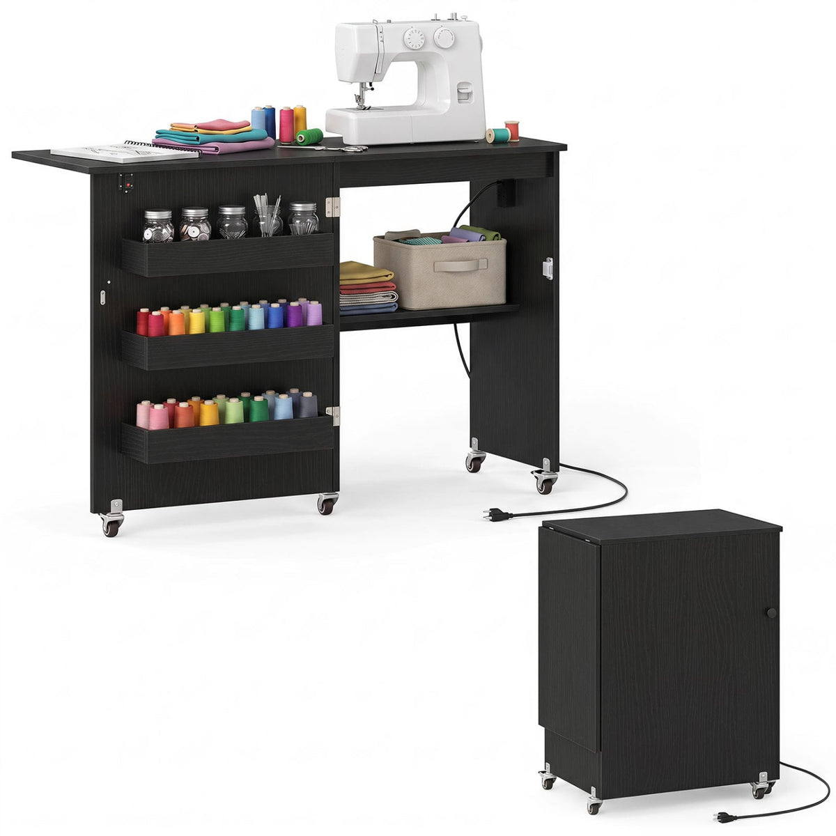 Sewing Machine Table with Charging Station and Lockable Casters-Black-Sewing Tables-DECOROLALA