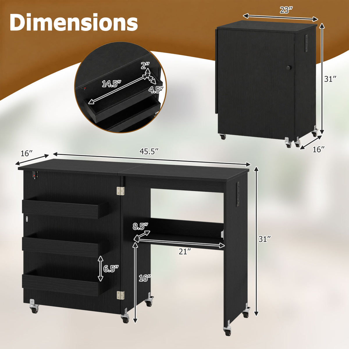 Sewing Machine Table with Charging Station and Lockable Casters-Black-Sewing Tables-DECOROLALA