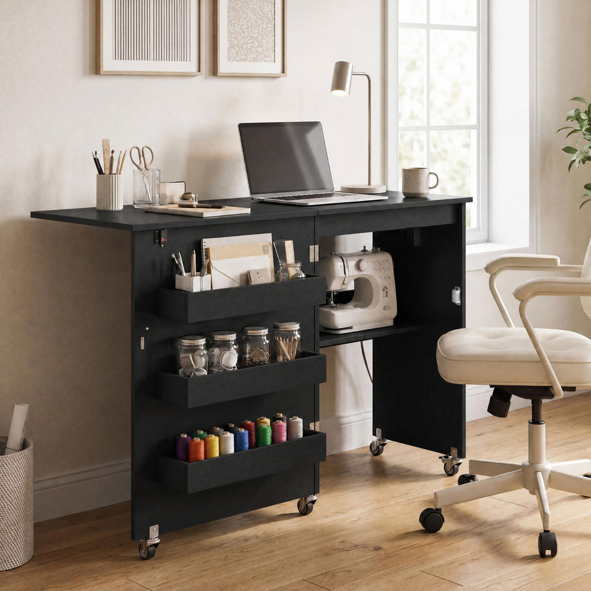 Sewing Machine Table with Charging Station and Lockable Casters-Black-Sewing Tables-DECOROLALA