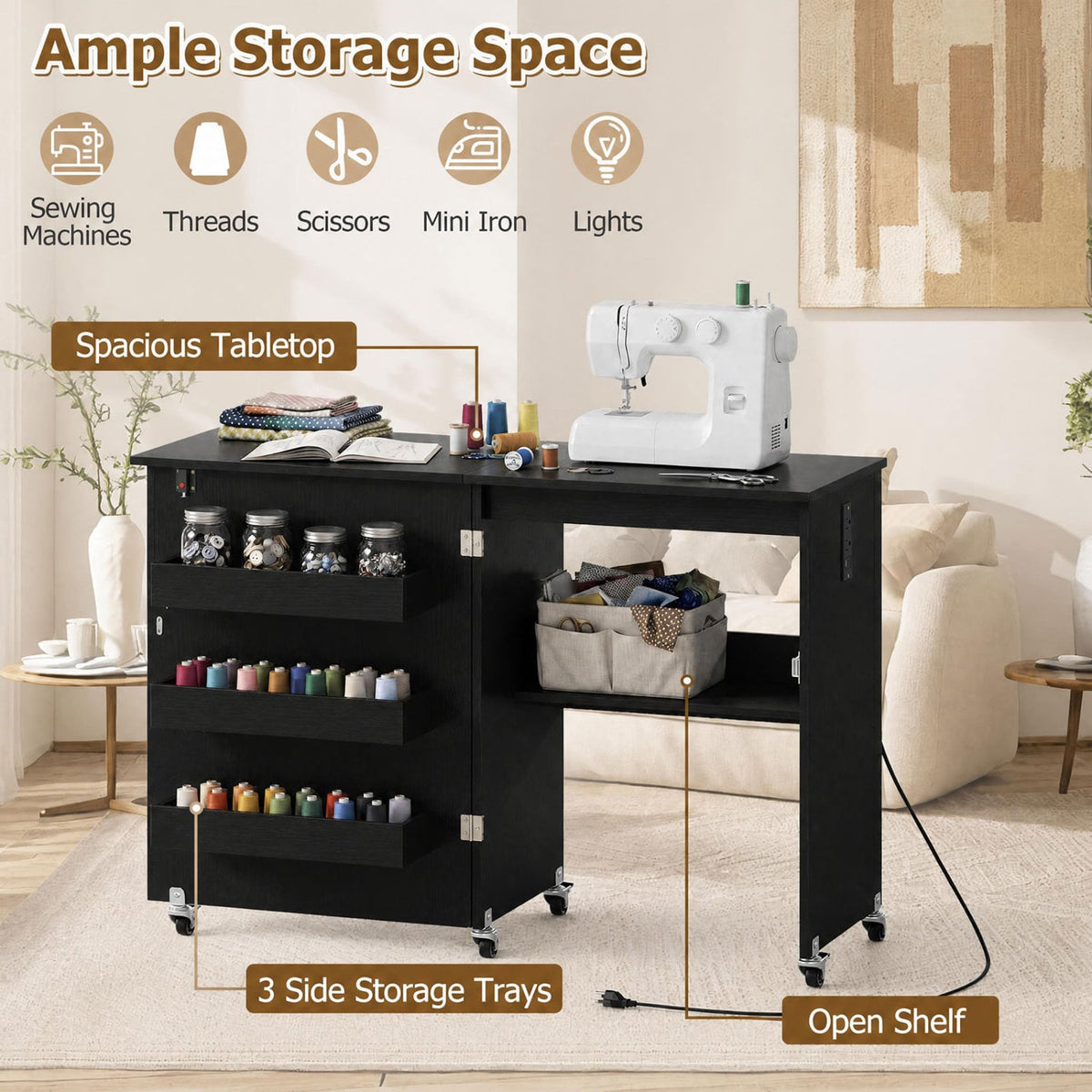 Sewing Machine Table with Charging Station and Lockable Casters-Black-Sewing Tables-DECOROLALA