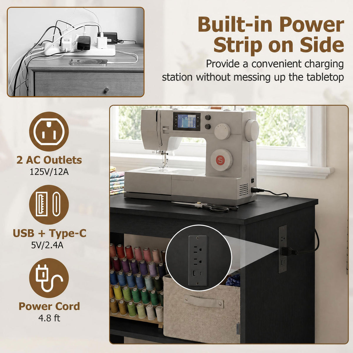 Sewing Machine Table with Charging Station and Lockable Casters-Black-Sewing Tables-DECOROLALA