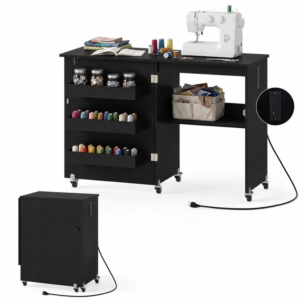 Sewing Machine Table with Charging Station and Lockable Casters-Black-Sewing Tables-DECOROLALA