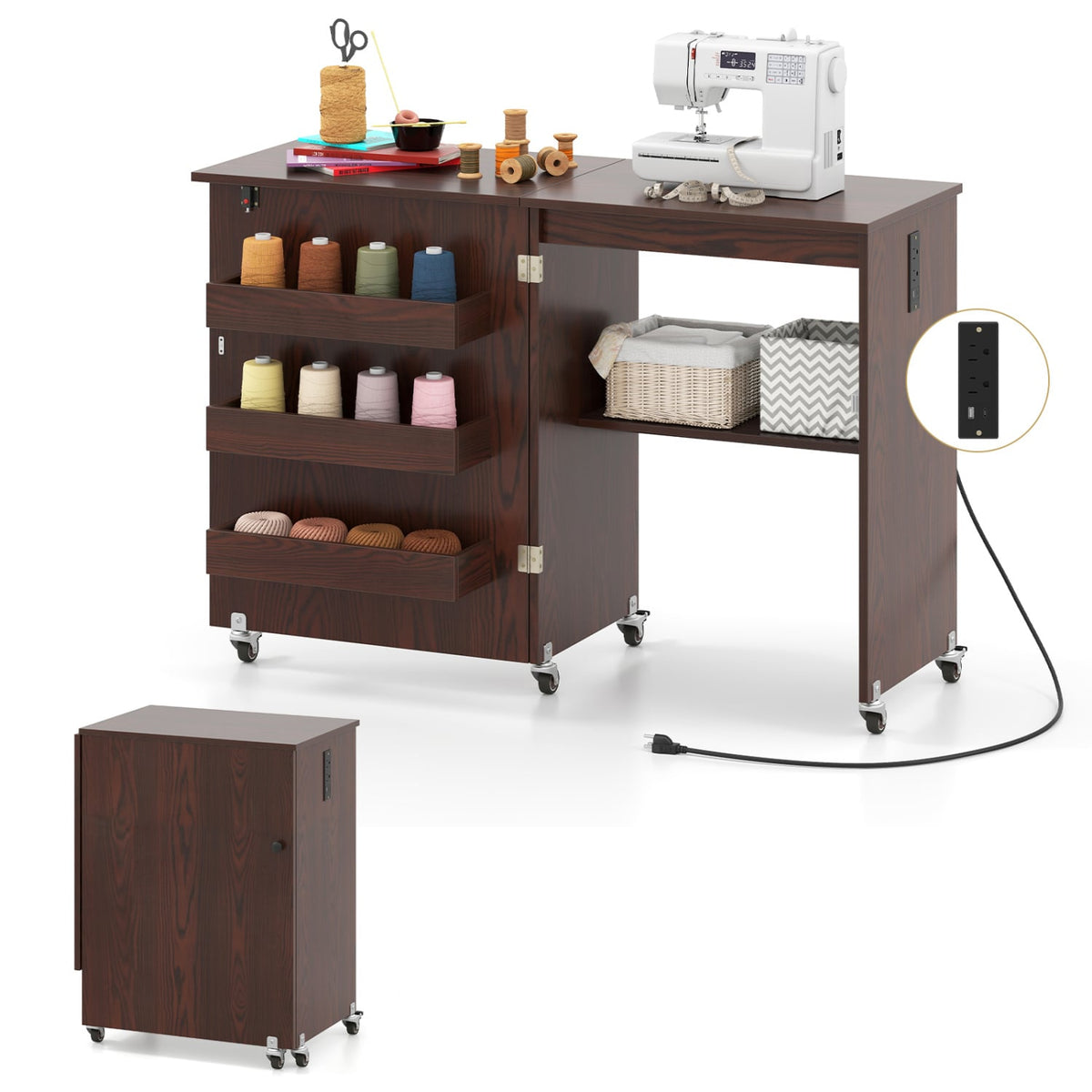 Sewing Machine Table with Charging Station and Lockable Casters-Brown-Sewing Tables-DECOROLALA