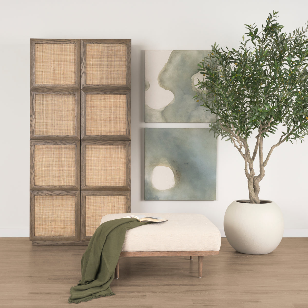 Shae Brown Wood w/ Oatmeal Fabric Ottoman-Stools & Ottomans-DECOROLALA