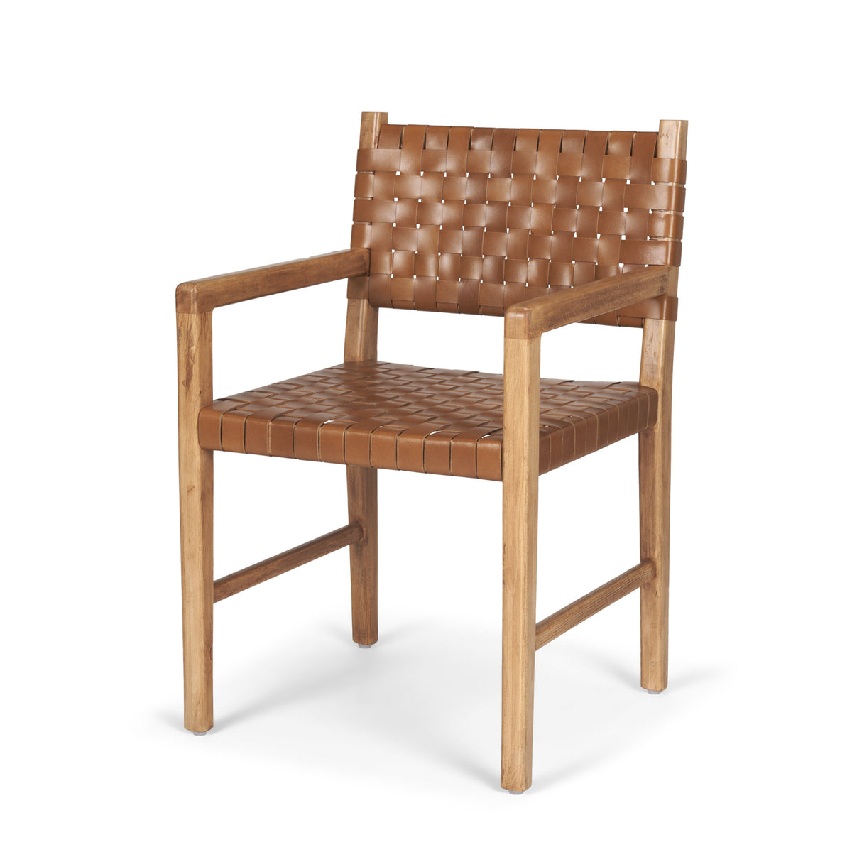 Shane Curved Back Dining Arm Chair | Woven Brown Leather w/ Brown Wood-Dining Chairs-DECOROLALA