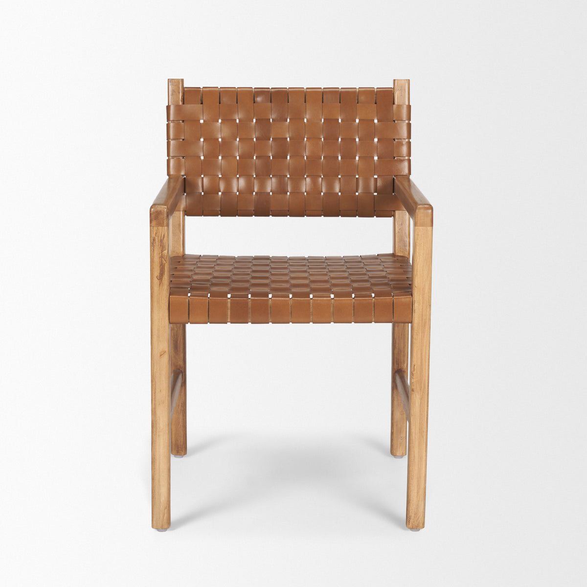Shane Curved Back Dining Arm Chair | Woven Brown Leather w/ Brown Wood-Dining Chairs-DECOROLALA