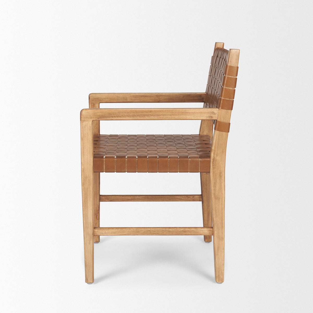 Shane Curved Back Dining Arm Chair | Woven Brown Leather w/ Brown Wood-Dining Chairs-DECOROLALA