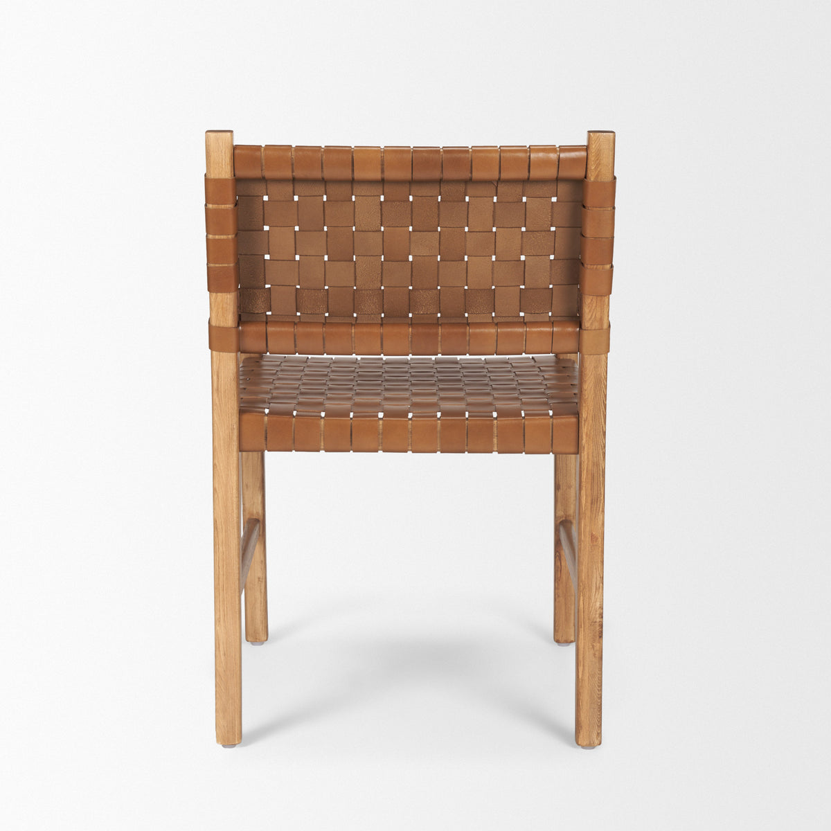 Shane Curved Back Dining Arm Chair | Woven Brown Leather w/ Brown Wood-Dining Chairs-DECOROLALA