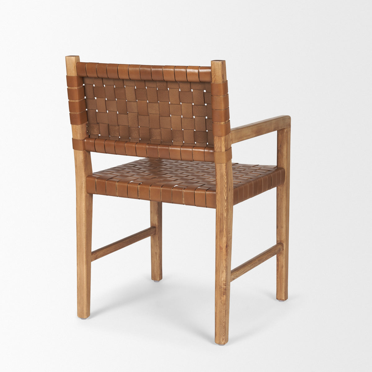 Shane Curved Back Dining Arm Chair | Woven Brown Leather w/ Brown Wood-Dining Chairs-DECOROLALA