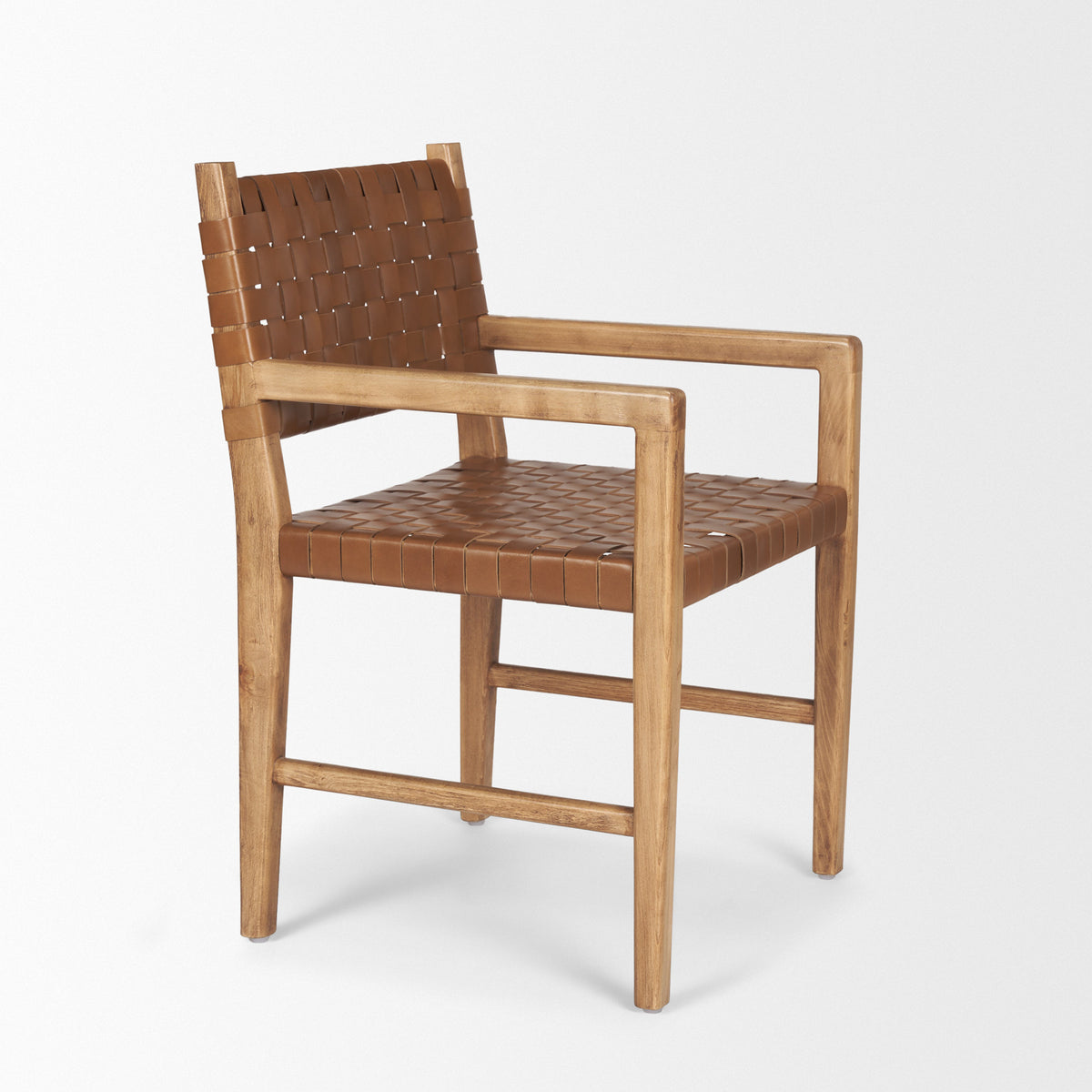 Shane Curved Back Dining Arm Chair | Woven Brown Leather w/ Brown Wood-Dining Chairs-DECOROLALA