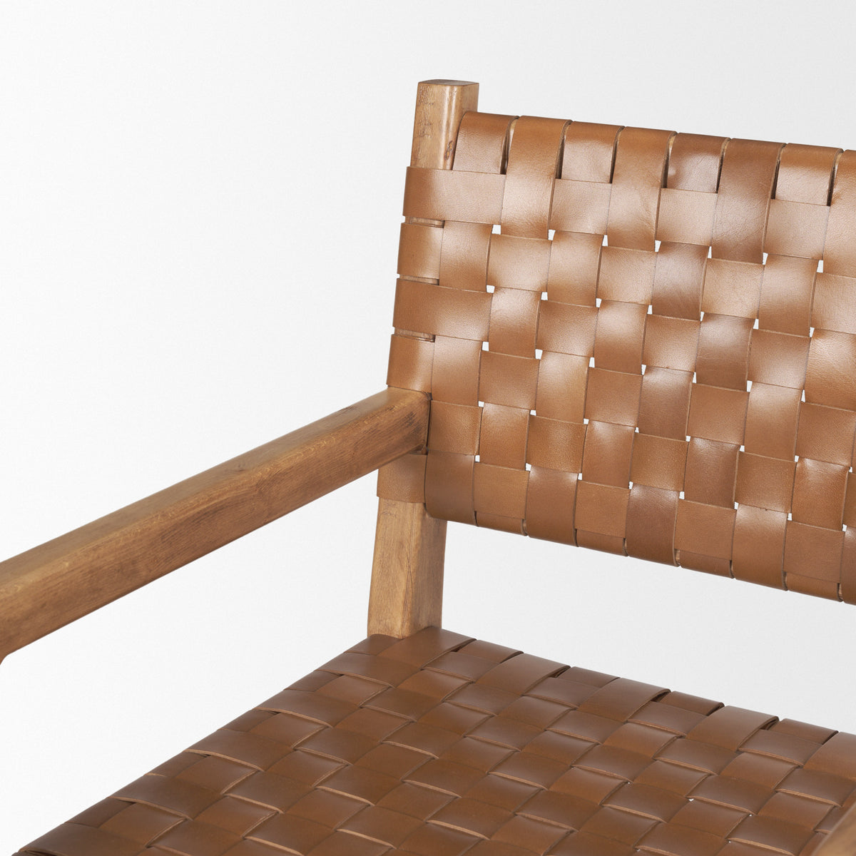 Shane Curved Back Dining Arm Chair | Woven Brown Leather w/ Brown Wood-Dining Chairs-DECOROLALA