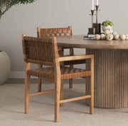 Shane Curved Back Dining Arm Chair | Woven Brown Leather w/ Brown Wood-Dining Chairs-DECOROLALA