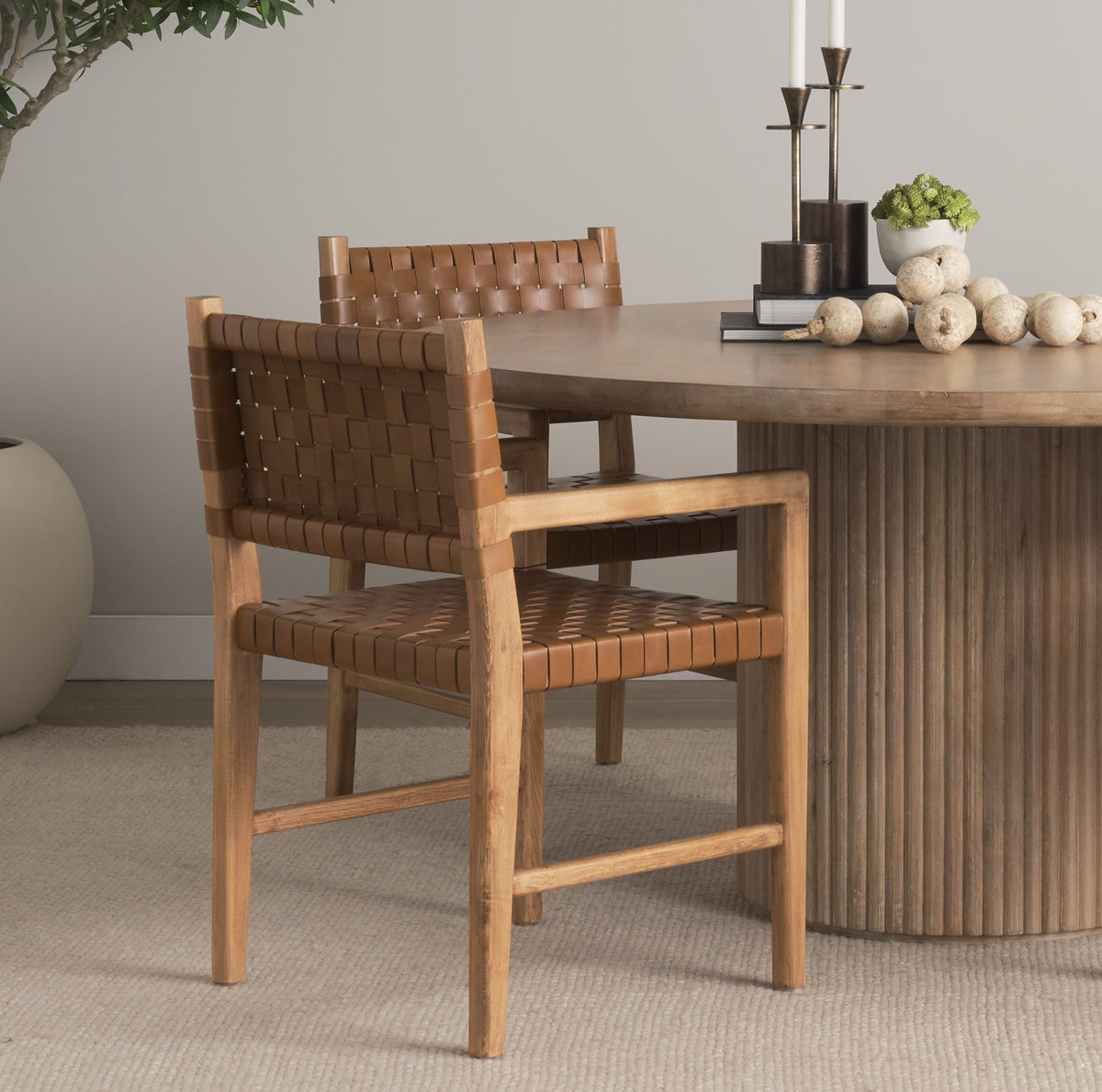 Shane Curved Back Dining Arm Chair | Woven Brown Leather w/ Brown Wood-Dining Chairs-DECOROLALA