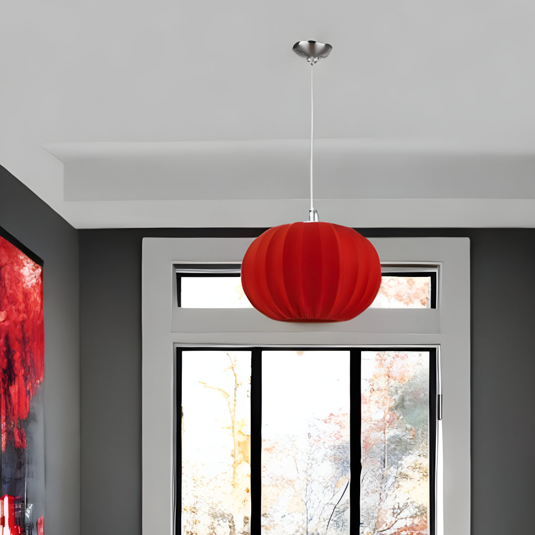 Shanghai 1-Light Brushed Nickel Pendant With Sheer Red Ribbon Shade-Pendants-Hanging Lights-DECOROLALA