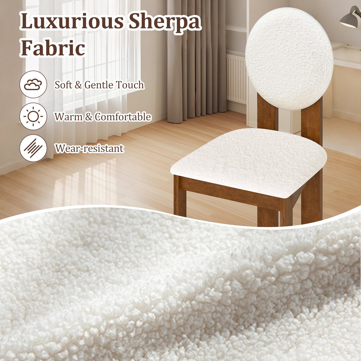 Sherpa Dining Chairs Set of 2 with Rubber Wood Legs for Living Room Restaurant-White-Dining Chairs-DECOROLALA