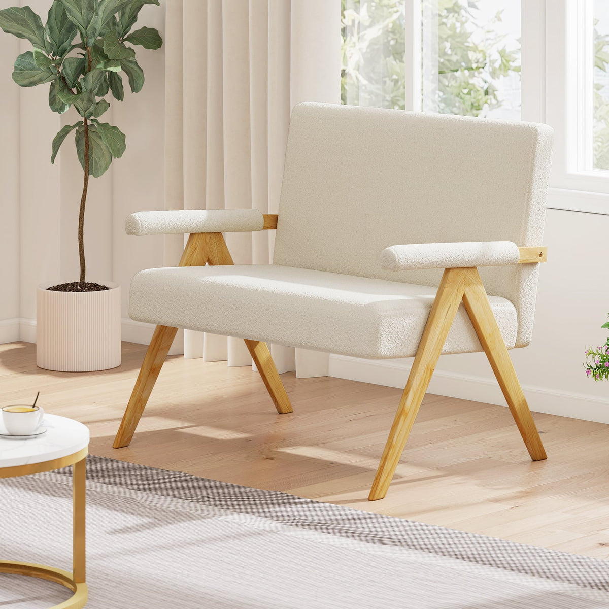 Sherpa Fabric Loveseat Sofa - Beige Small Space Couch-Sofas & Loveseats-DECOROLALA