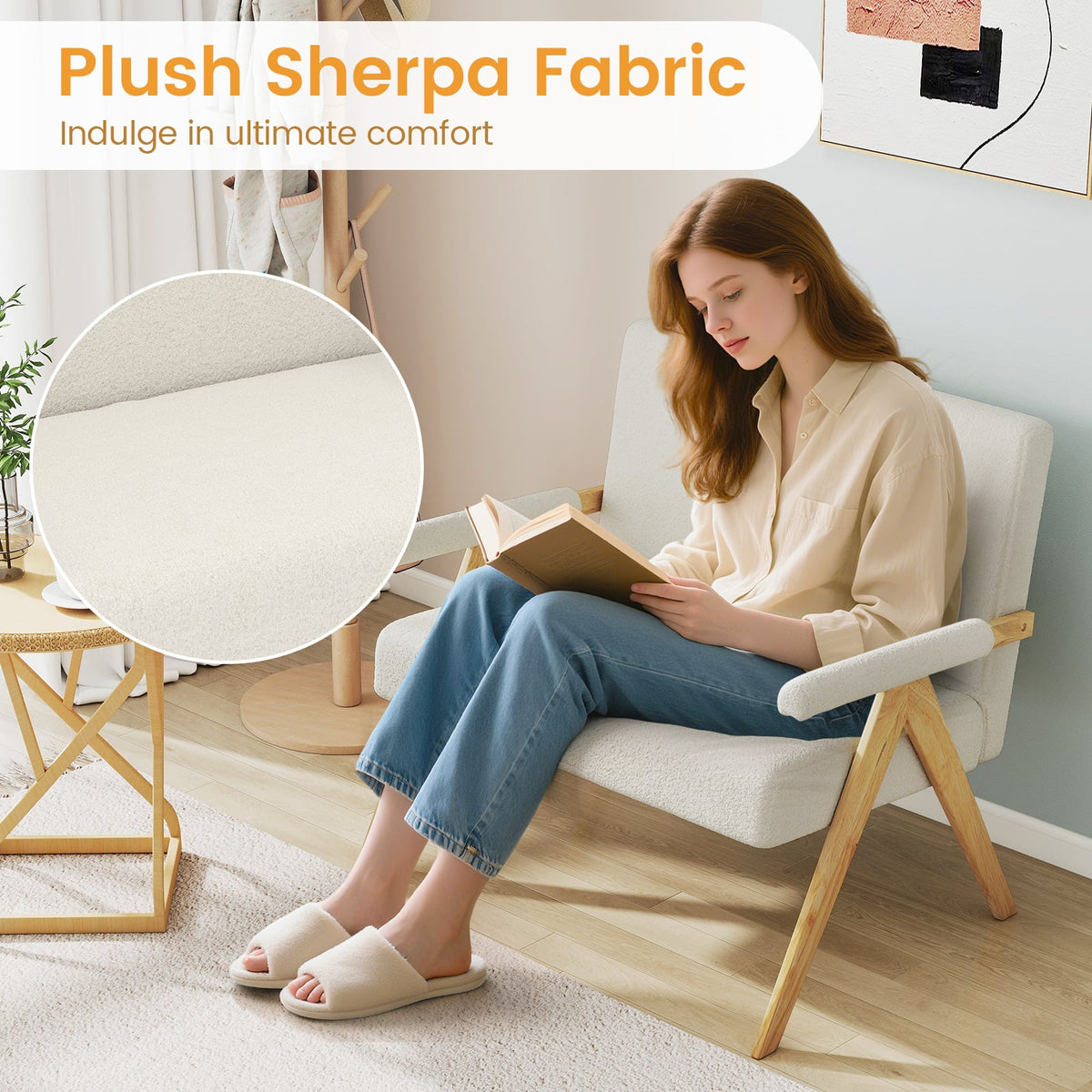 Sherpa Fabric Loveseat Sofa - Beige Small Space Couch-Sofas & Loveseats-DECOROLALA