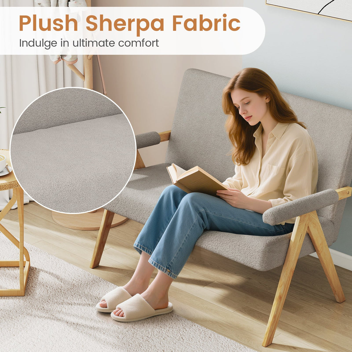 Sherpa Fabric Loveseat Sofa - Gray 47" Compact Small Space Couch-Sofas & Loveseats-DECOROLALA
