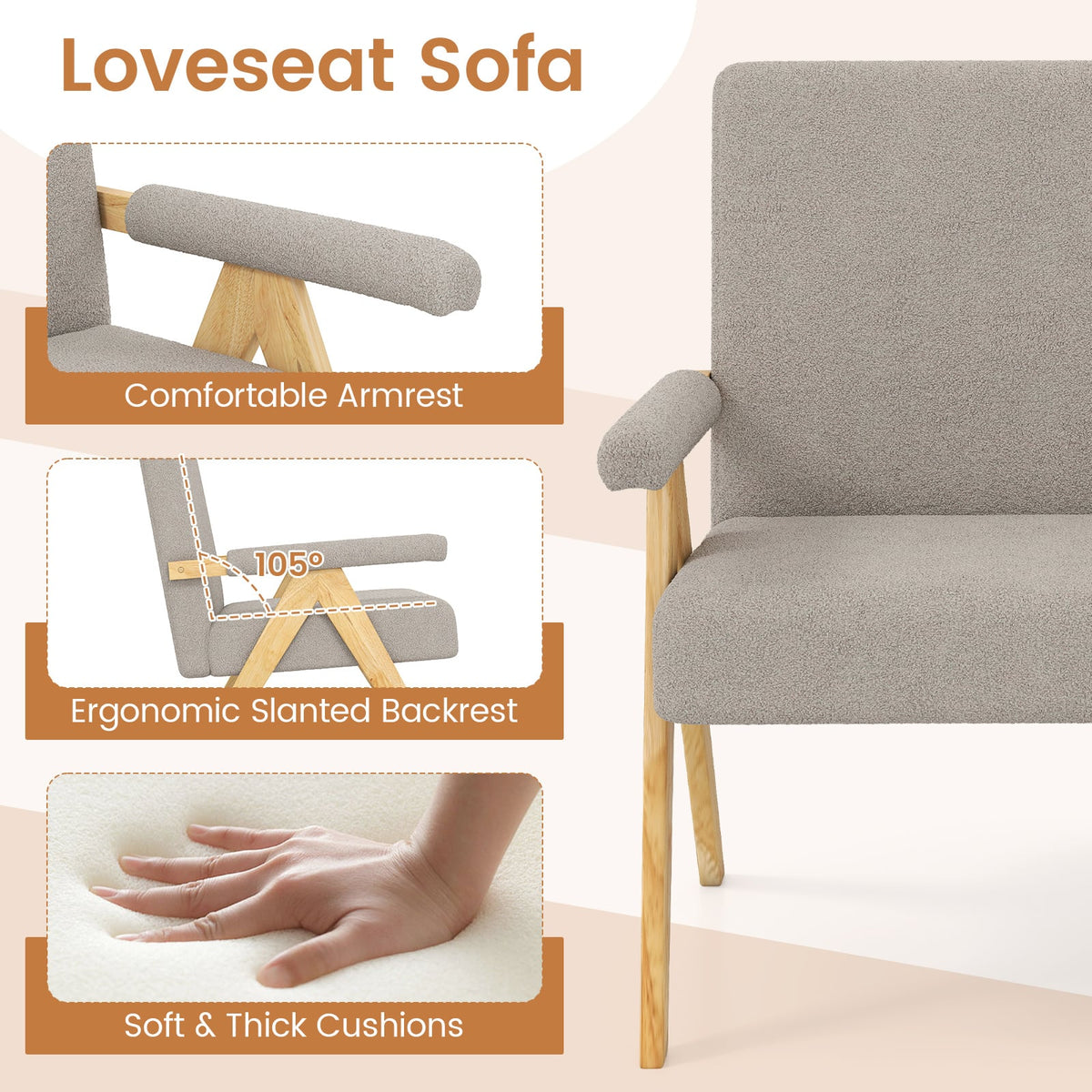 Sherpa Fabric Loveseat Sofa - Gray 47" Compact Small Space Couch-Sofas & Loveseats-DECOROLALA