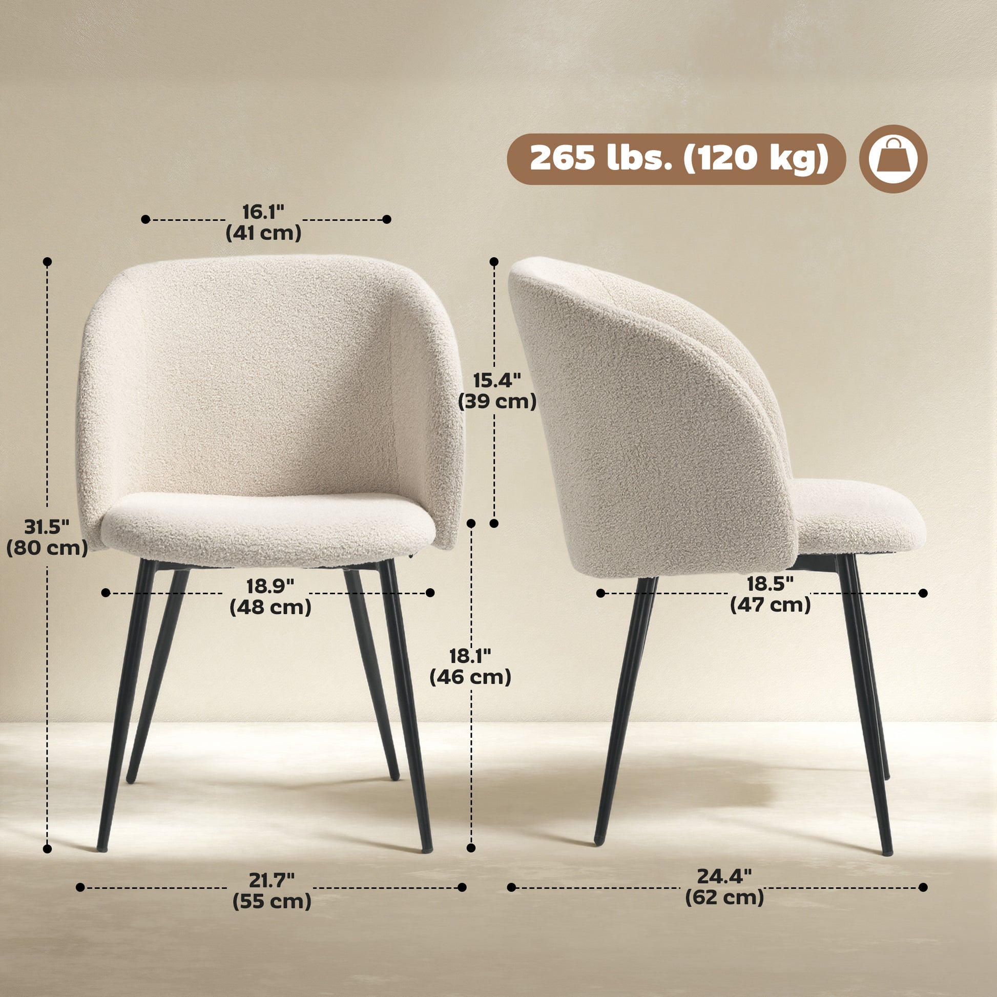 Sherpa Fleece Dining Chairs Set of 2 - Cream White-DECOROLALA