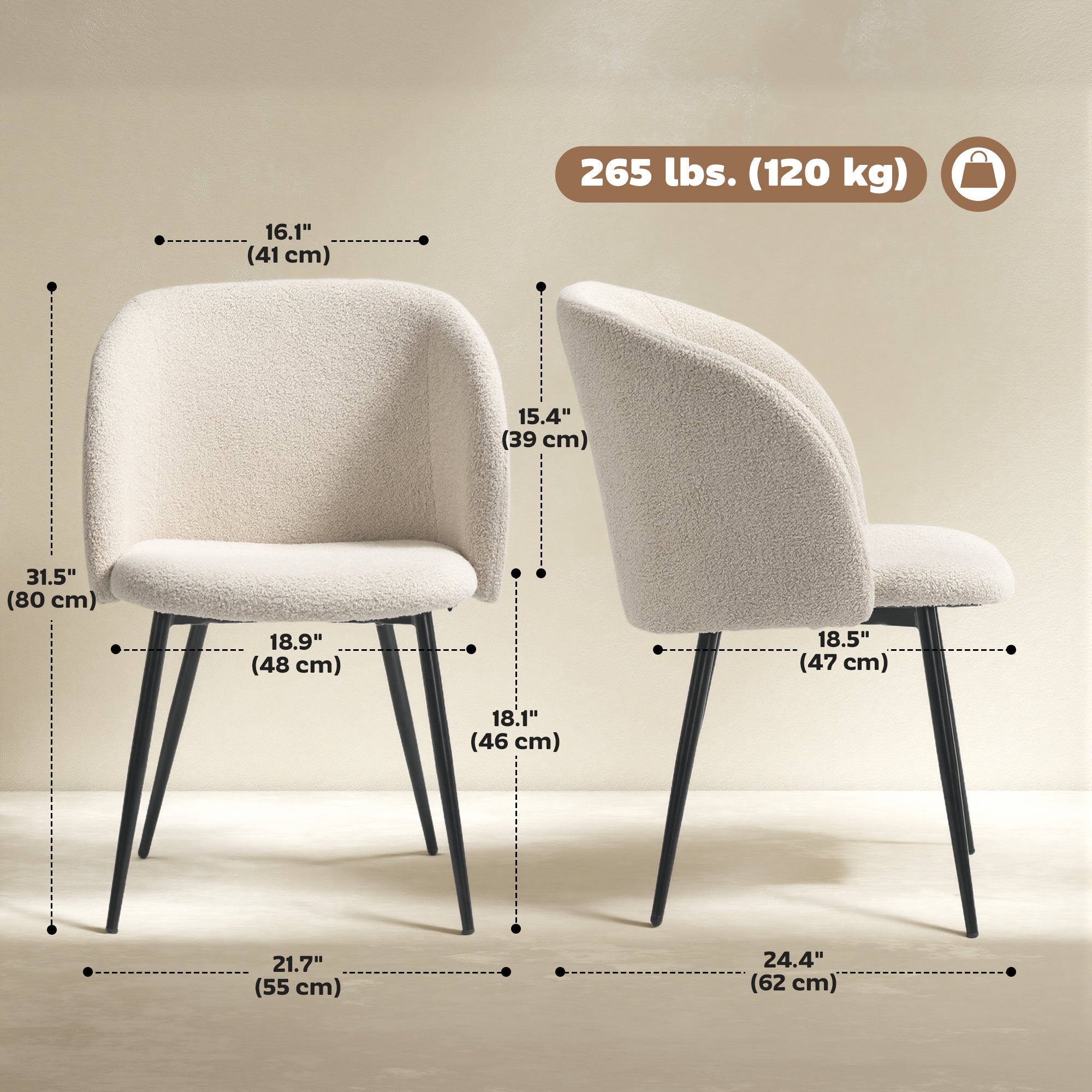 Sherpa Fleece Dining Chairs Set of 2 - Cream White-DECOROLALA
