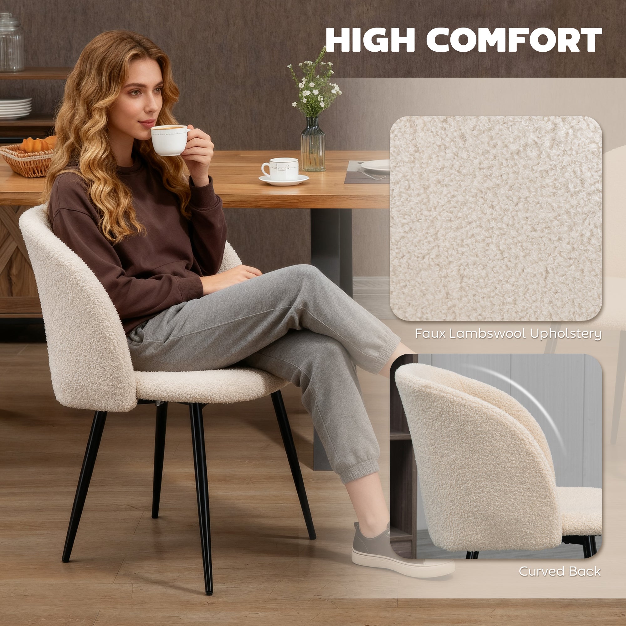 Sherpa Fleece Dining Chairs Set of 2 - Cream White-DECOROLALA