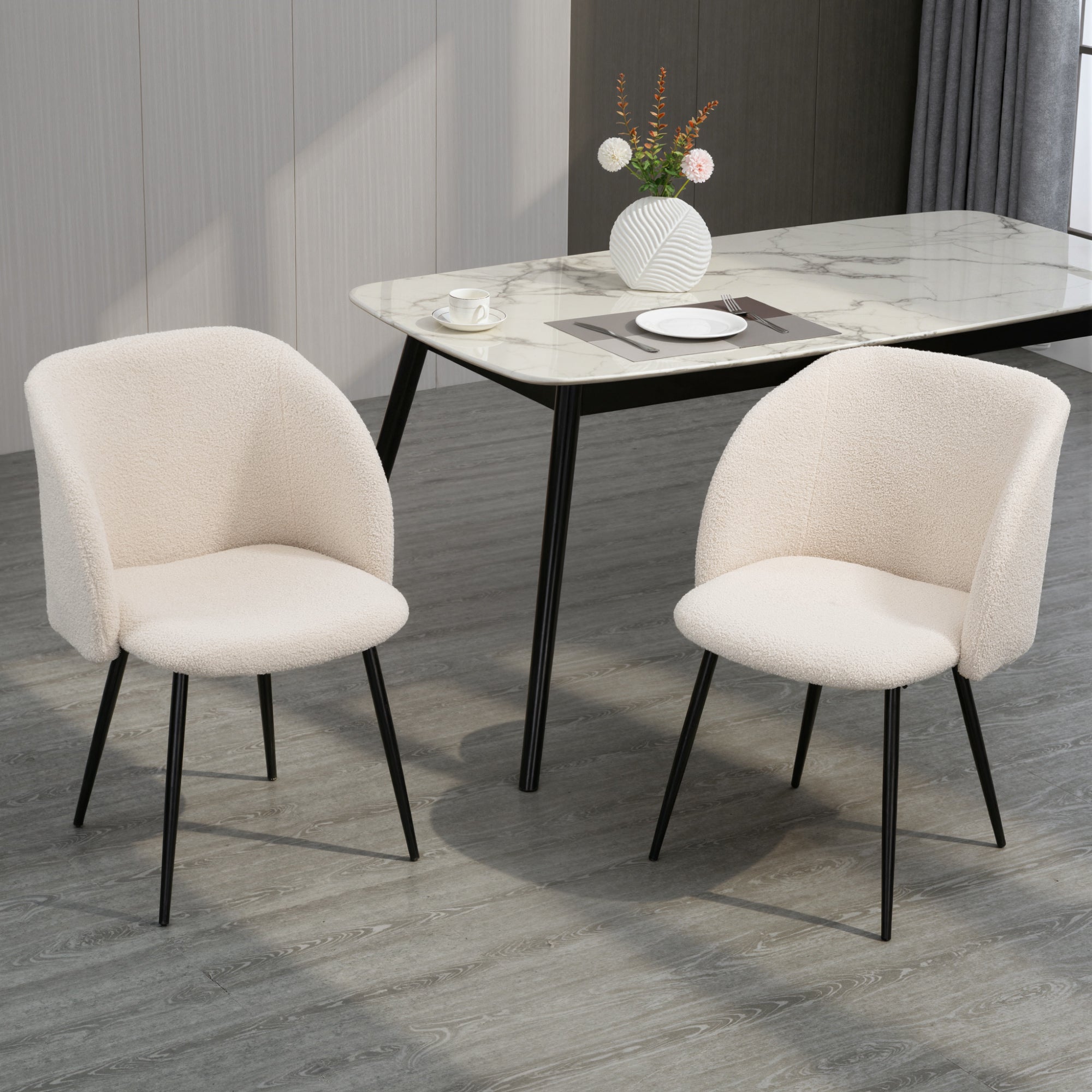 Sherpa Fleece Dining Chairs Set of 2 - Cream White-DECOROLALA