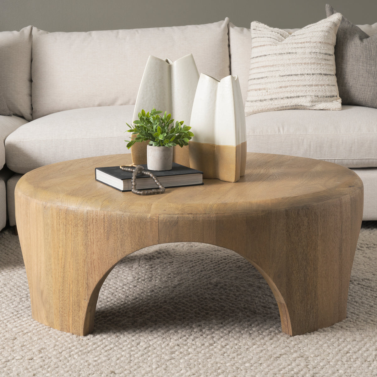 Shima Round Dark Brown Wood W/Arched Legs Coffee Table-Coffee Tables-DECOROLALA