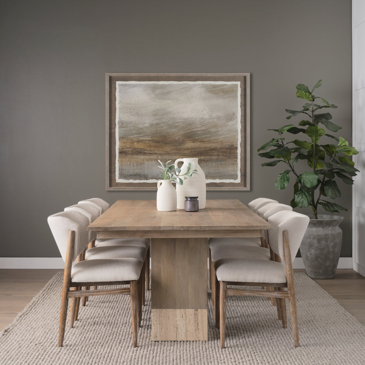 Shivon 94"L x 42"W Dining Table | Light Brown Wood & Light Brown Wood & Travertine | Seats 8-Dining Tables-DECOROLALA