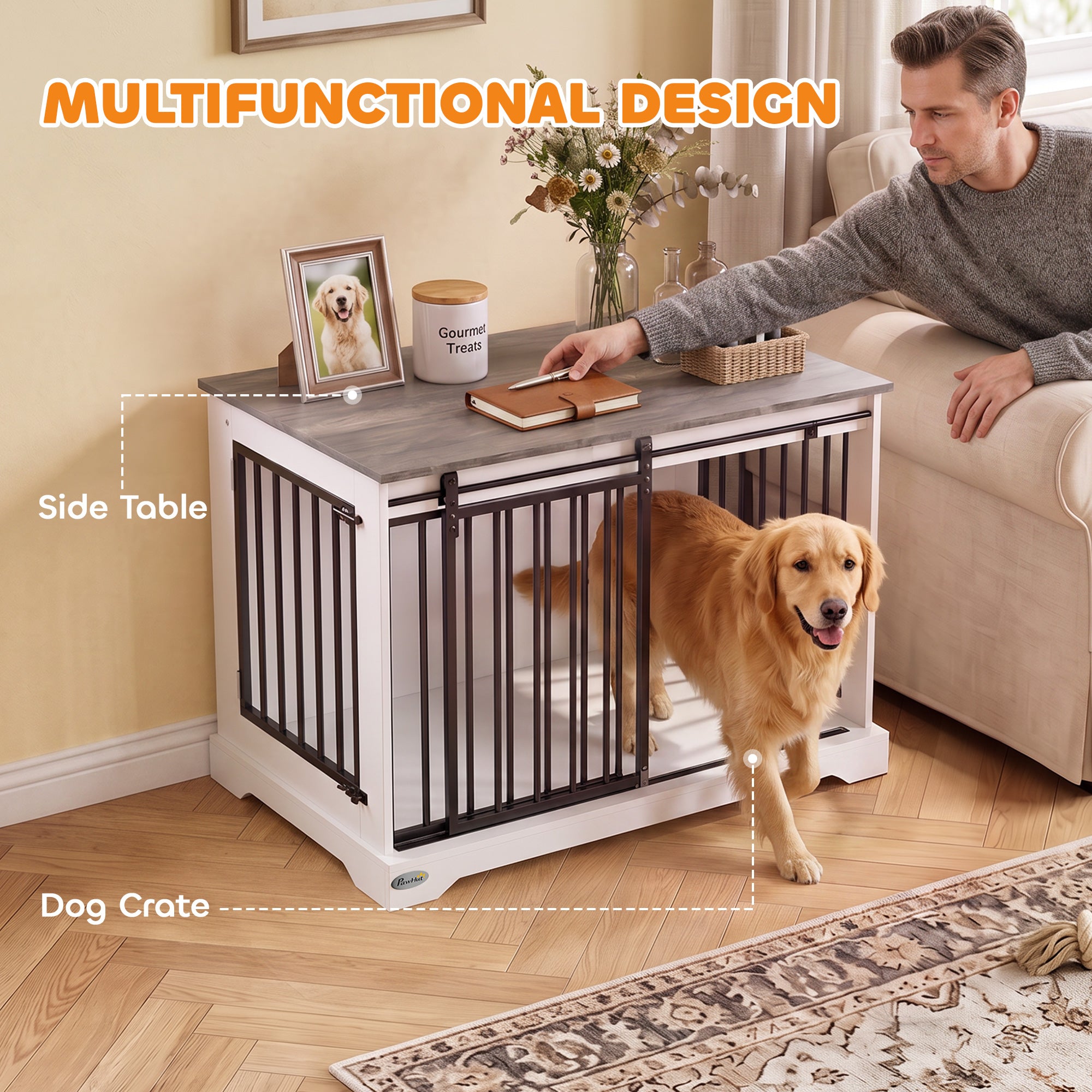 100 cm Dog Crate Furniture with Sliding Barn Door for Large Breeds, White